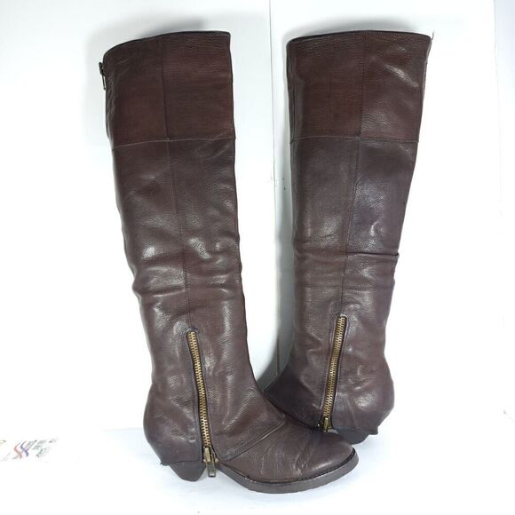 Ash Women's Tentation US7-7,5 Brown Leather Tall Side Zips Cone Heel Riding Boot - Picture 7 of 13